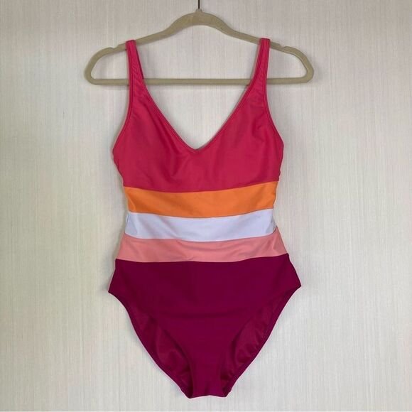 Bleu by Rod Beattie Swimsuit Sz 4 One Piece Pink Multi‎ Striped Beachwear - Picture 1 of 9